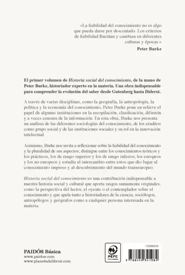 Contraportada Historia social del conocimiento Vol. I