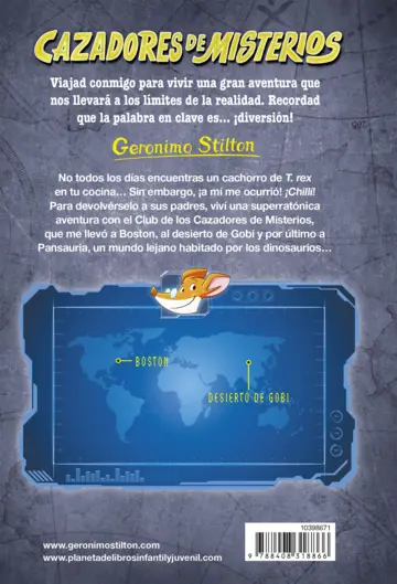 Contraportada Cazadores de misterios 3. El regreso de los dinosaurios